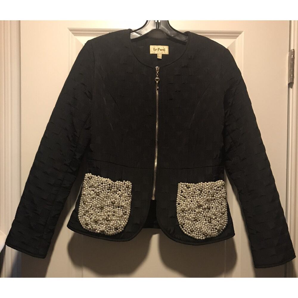Le Pucci Women jacket sz 4 black Beaded Pockets made in Italy New